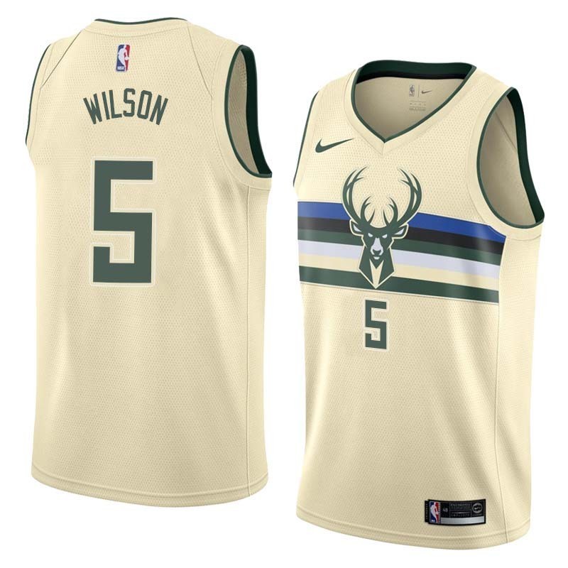 Cream Milwaukee #5 D.J. Wilson 2017 Draft Twill Basketball Jersey, Wilson Bucks Twill Jersey