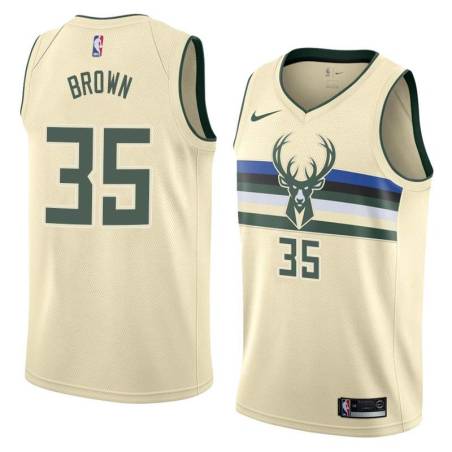 Cream Tony Brown Bucks #35 Twill Basketball Jersey FREE SHIPPING