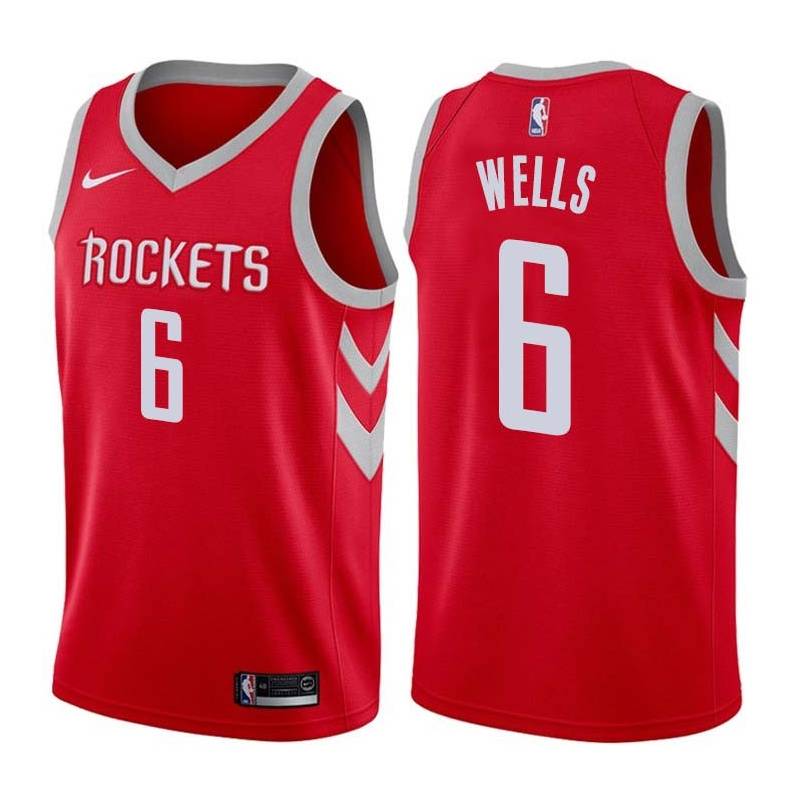 Red Classic Bonzi Wells Twill Basketball Jersey -Rockets #6 Wells Twill Jerseys, FREE SHIPPING