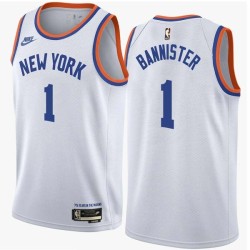 White Classic Ken Bannister Twill Basketball Jersey -Knicks #1 Bannister Twill Jerseys, FREE SHIPPING
