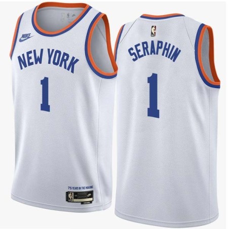 White Classic Kevin Seraphin Twill Basketball Jersey -Knicks #1 Seraphin Twill Jerseys, FREE SHIPPING