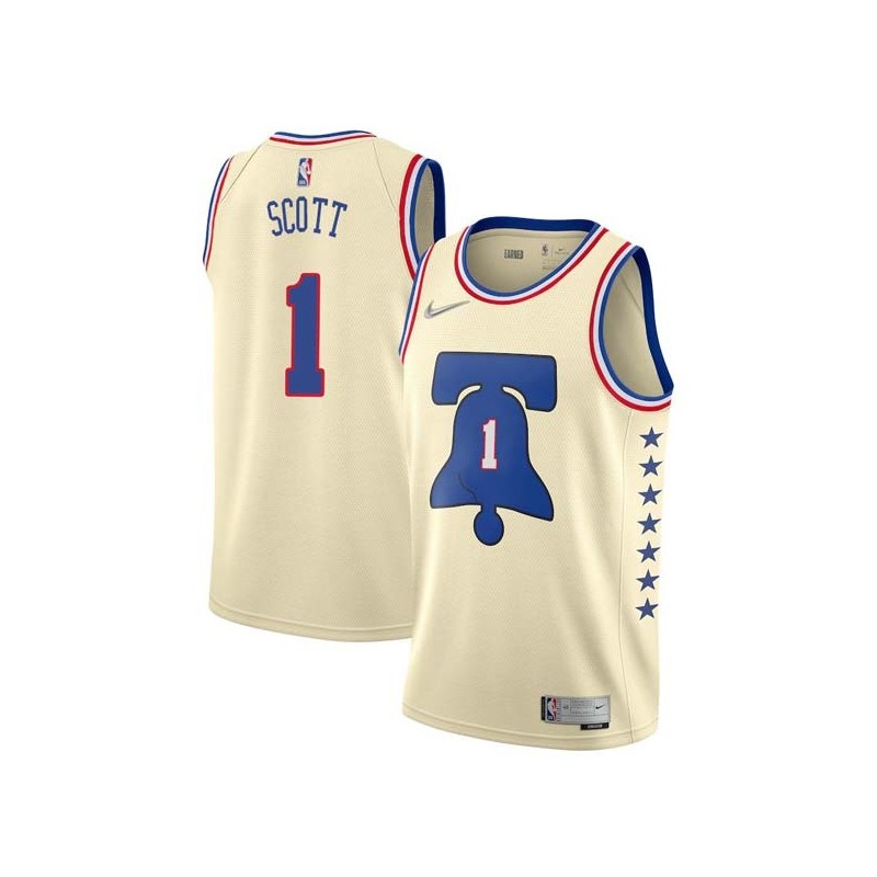Cream Earned Mike Scott 76ers #1 Twill Basketball Jersey FREE SHIPPING