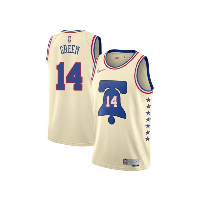 Cream Earned Rickey Green 76ers #14 Twill Basketball Jersey FREE SHIPPING
