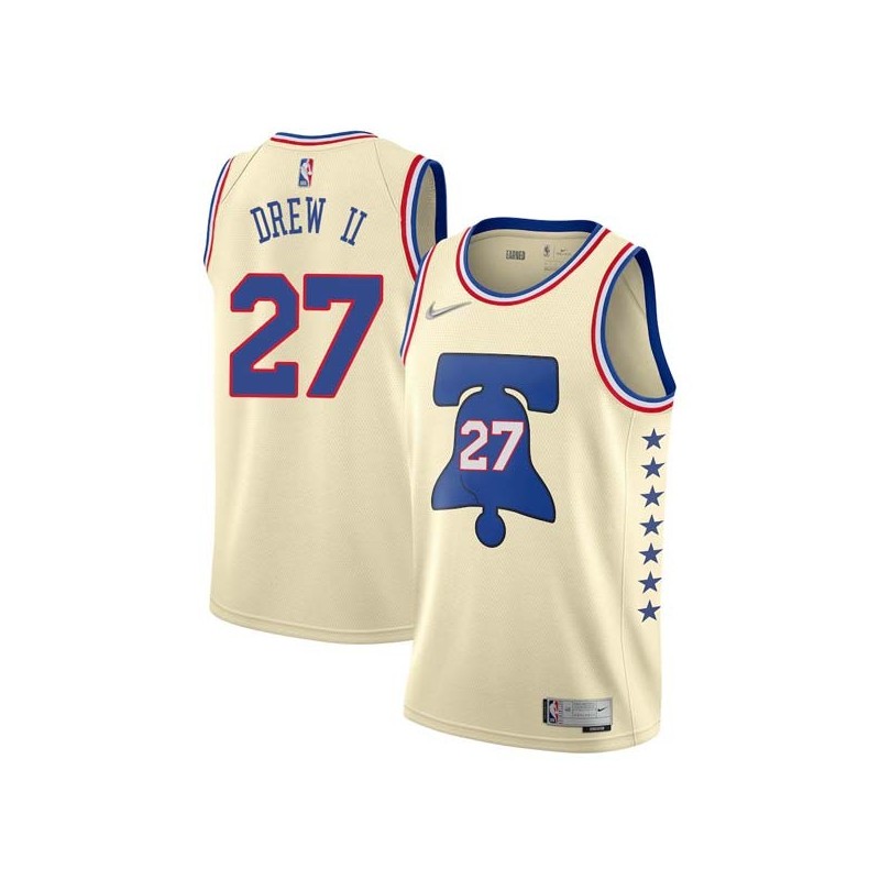 Cream Earned Larry Drew II 76ers #27 Twill Basketball Jersey FREE SHIPPING