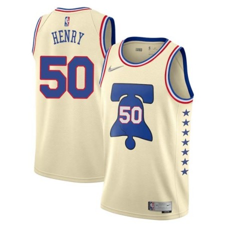 Cream Earned Aaron Henry 76ers #50 Twill Basketball Jersey FREE SHIPPING