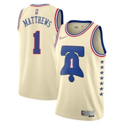 Cream Earned Wes Matthews Twill Basketball Jersey -76ers #1 Matthews Twill Jerseys, FREE SHIPPING