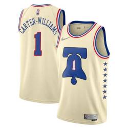 Cream Earned Michael Carter-Williams Twill Basketball Jersey -76ers #1 Carter-Williams Twill Jerseys, FREE SHIPPING