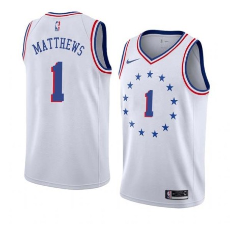 White_Earned Wes Matthews Twill Basketball Jersey -76ers #1 Matthews Twill Jerseys, FREE SHIPPING