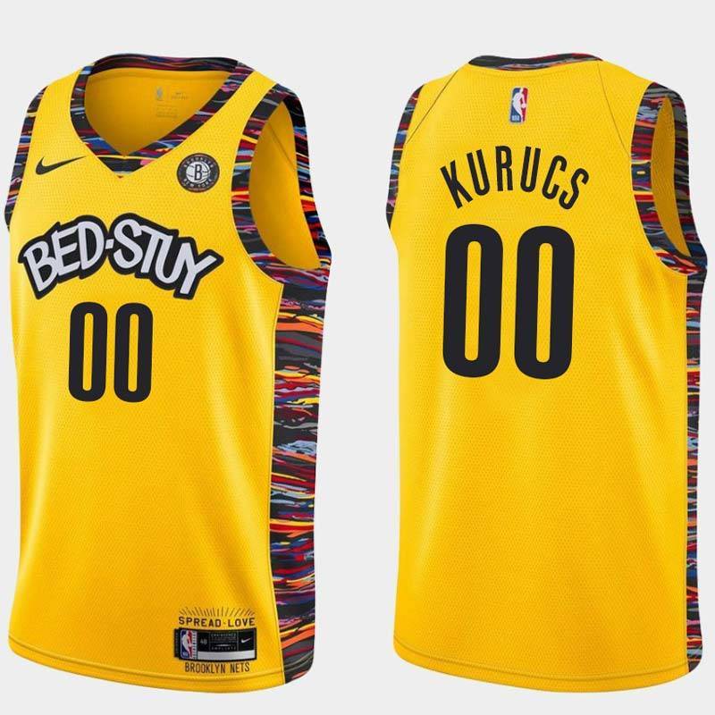 Yellow Rodions Kurucs Nets #00 Twill Basketball Jersey
