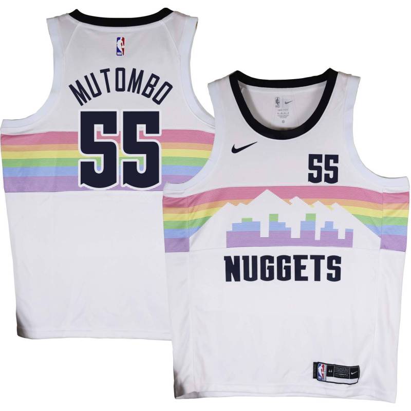 Nuggets #55 Dikembe Mutombo White rainbow skyline Jersey